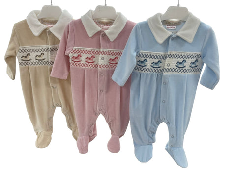 Velour Rocking horse  babygrow beige
