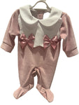 Double bow velour babygrow dusty pink