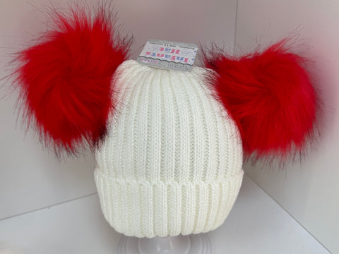 Double fur pom-pom hat