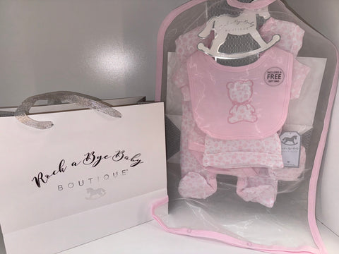 Teddy 5 piece gift bag babygrow set