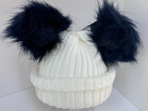 Double fur pom-pom hat