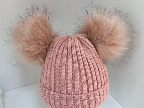 Double fur pom-pom hat