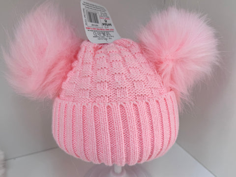 Double fur pom-pom hat