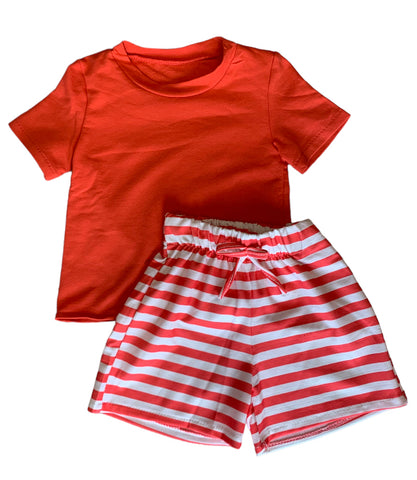 stripped short set -coral